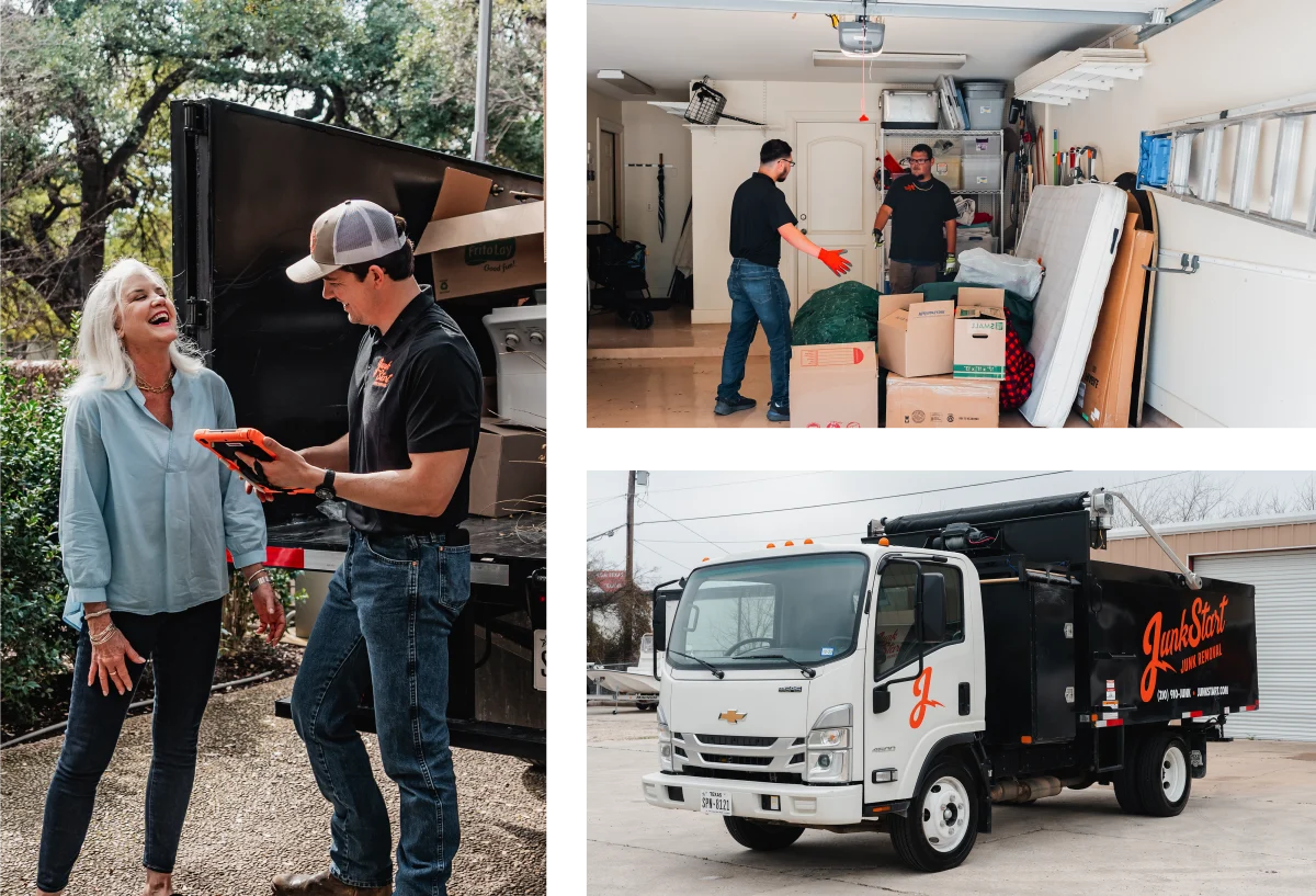 JunkStart provides efficient junk removal service, featuring customer interaction, active loading, and their branded truck